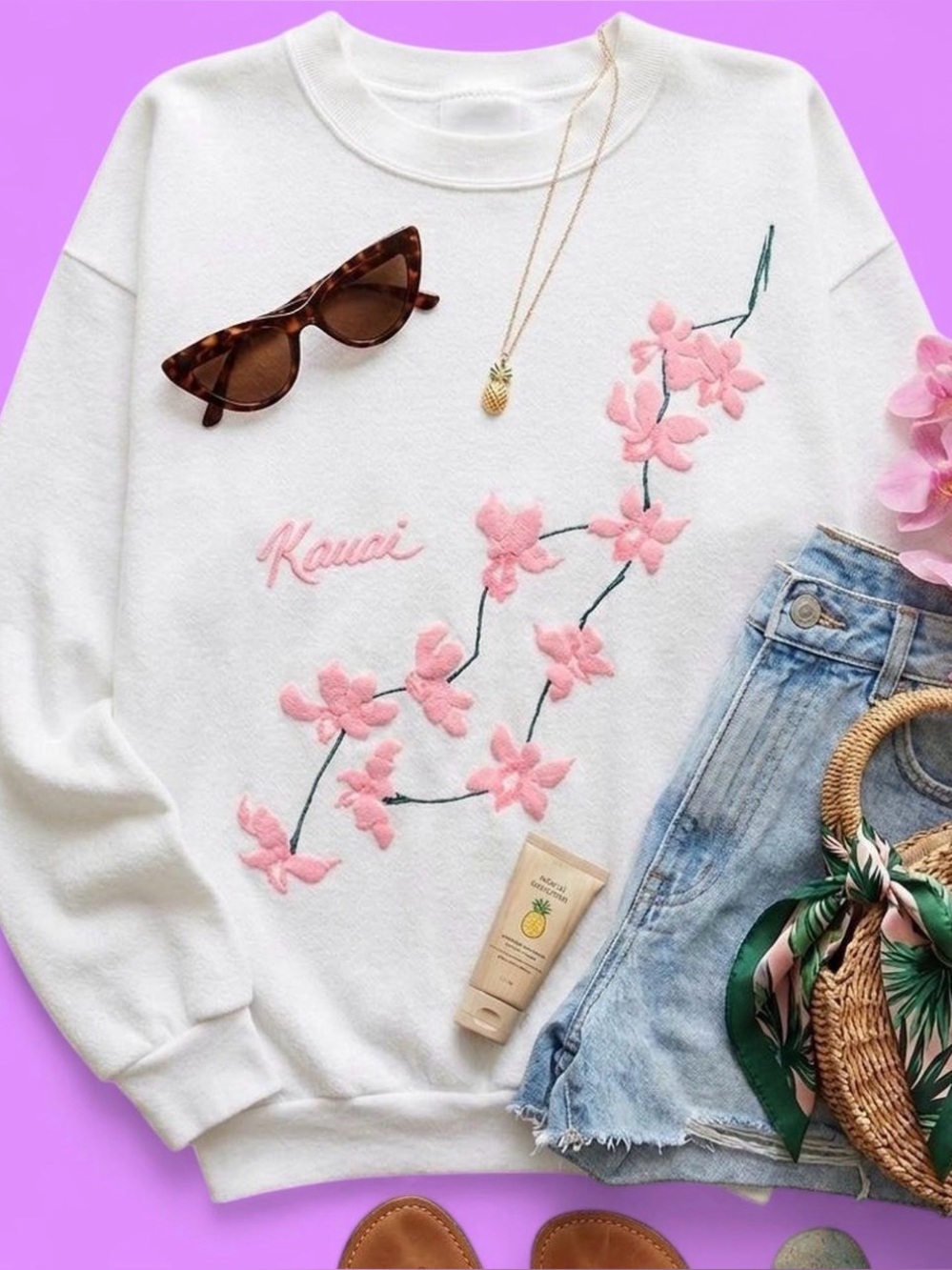 Vintage 90s Delta Hawaii Sweatshirt Floral Puff Print Crewneck Y2K L Coquette